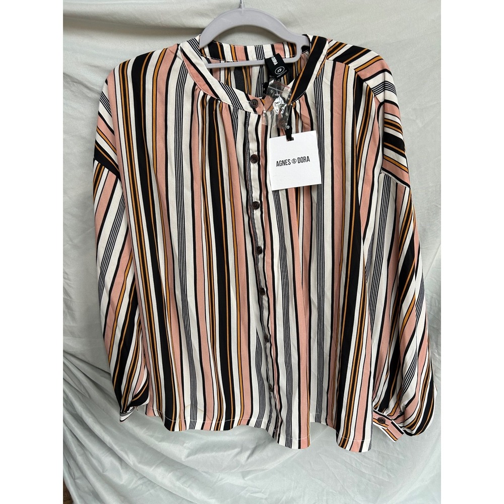 Agnes & Dora Peasant Top Long‎ Sleeve XS Black Blush Striped Button Front Blouse